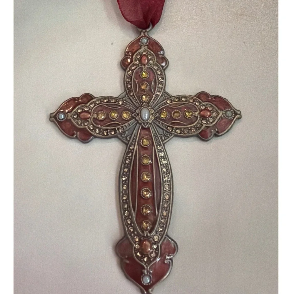Vintage Ornate Enamel Rhinestone Cross Ornament OS Burgundy Metal Victorian